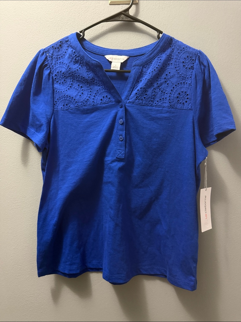Liz Claiborne Royal Blue Eyelet Yoke Short Sleeve Henley